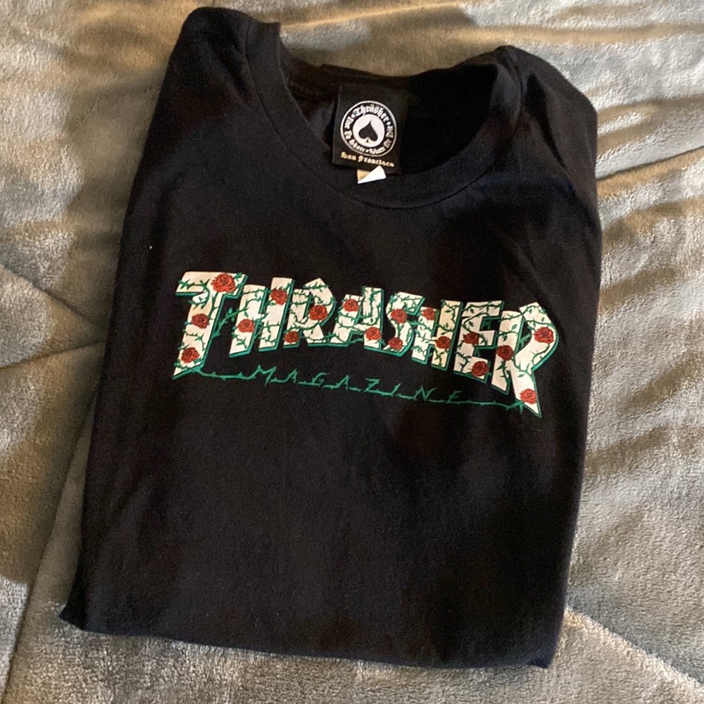 Thrasher T-Shirt, Black & Roses, Size Small